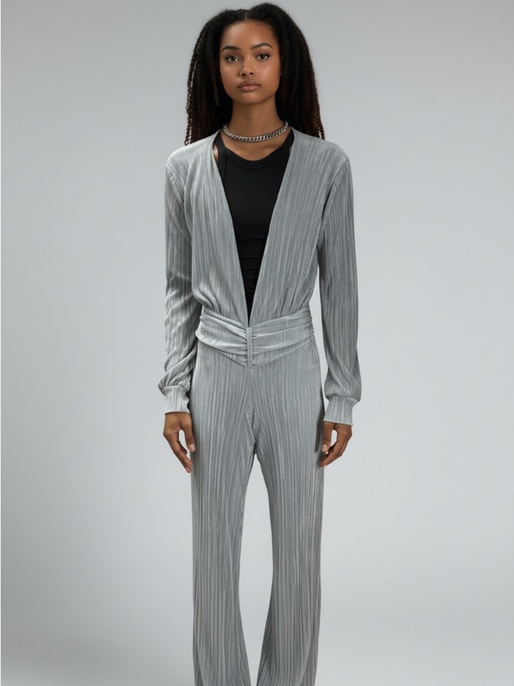 Silver Pleated  Blazer Jumpsuit